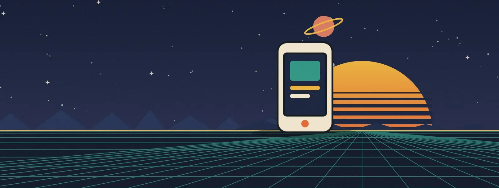 Ilustración retrofuturista: un teléfono inteligente sobre un horizonte de cuadrícula turquesa, junto a un atardecer naranja a rayas y un planeta con anillos, bajo un cielo nocturno estrellado.