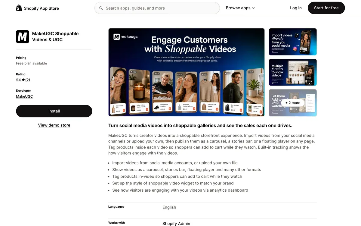 Ficha de la app MakeUGC Shoppable Videos and UGC en la Shopify App Store