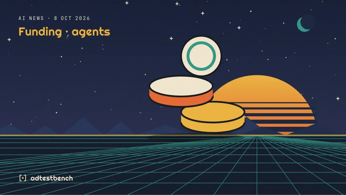Retro-futurist illustration: a striped sunset over a grid horizon under a starry sky, with a coin standing on the horizon.