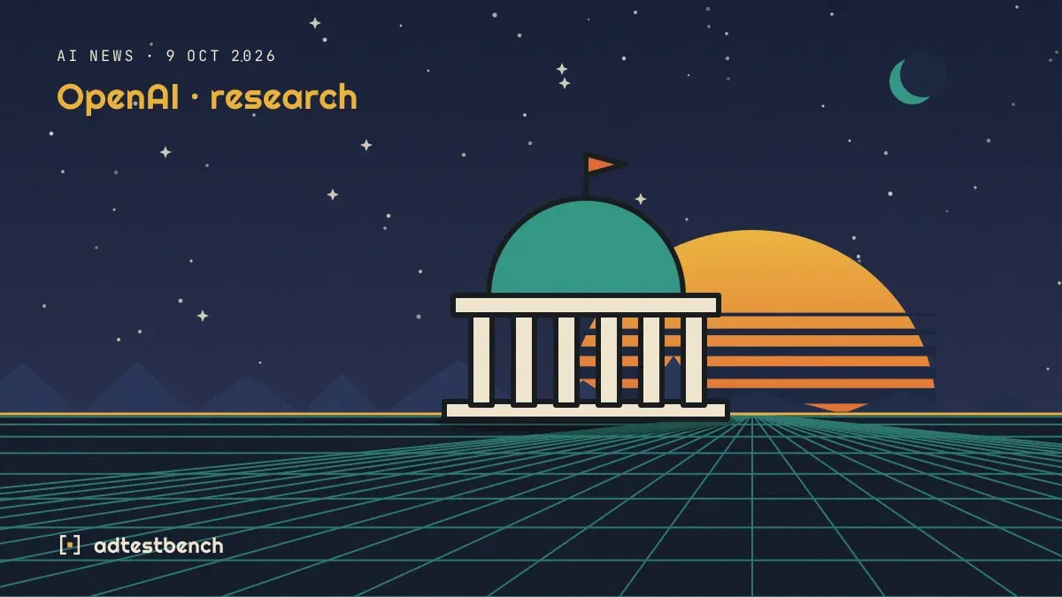 Retro-futurist illustration: a striped sunset over a grid horizon under a starry sky, with a dome standing on the horizon.