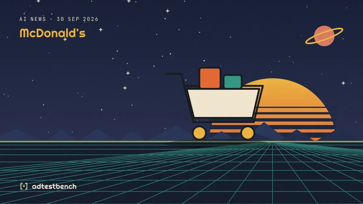 Retro-futurist illustration: a striped sunset over a grid horizon under a starry sky, with a shopping cart standing on the horizon.