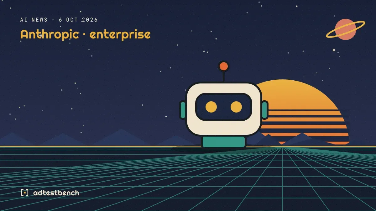 Retro-futurist illustration: a striped sunset over a grid horizon under a starry sky, with a robot standing on the horizon.