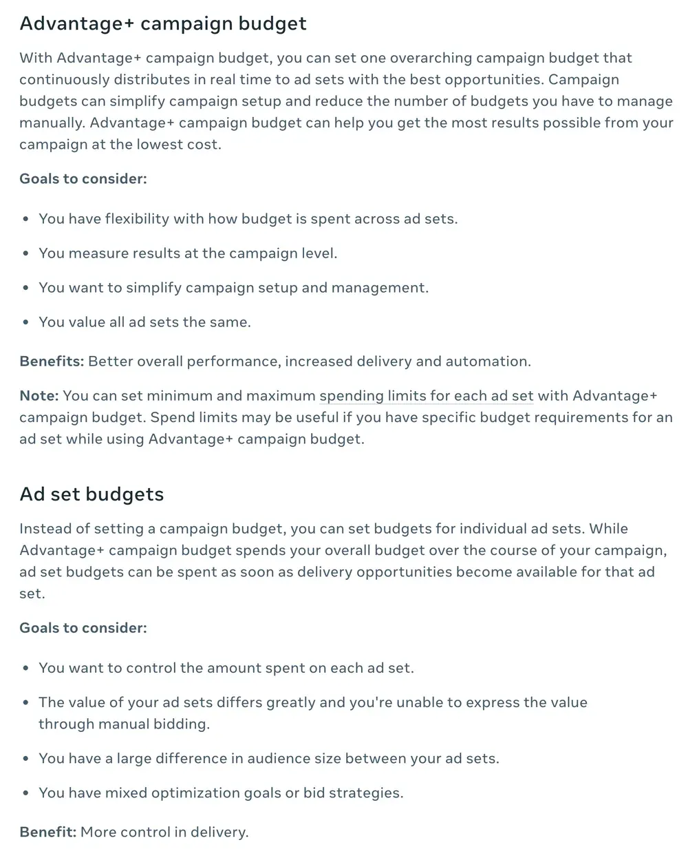 Meta's help page on Advantage+ campaign budget and ad set budgets: one campaign budget that continuously distributes in real time to the ad sets with the best opportunities, with goals such as valuing all ad sets the same; ad set budgets for when you want to control the amount spent on each ad set
