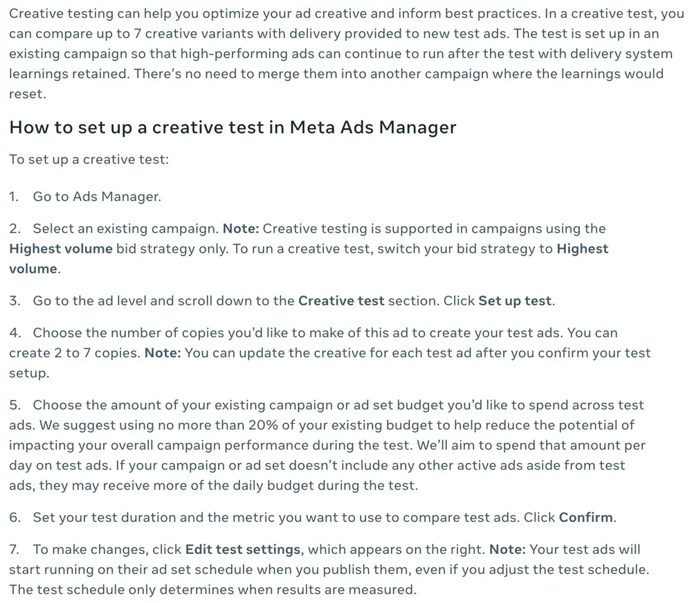 Meta's creative test setup steps: compare up to 7 creative variants inside an existing campaign, Highest volume bid strategy only, 2 to 7 copies of an ad, no more than 20 per cent of the existing budget suggested for test ads, and a schedule that only determines when results are measured