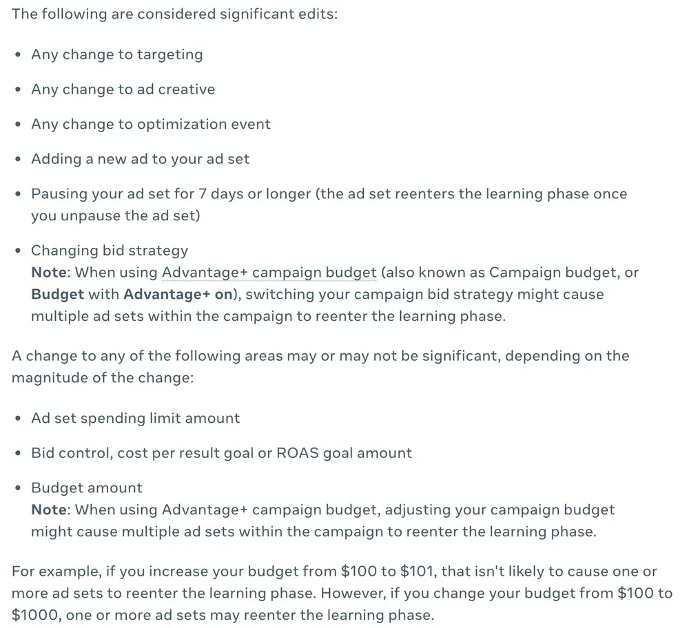 Meta's list of significant edits that restart the learning phase: any change to targeting, ad creative or optimisation event, adding a new ad, pausing an ad set for 7 days or longer and changing bid strategy; spending limit, bid control and budget count by the size of the change, with the 100 to 101 dollar and 100 to 1000 dollar budget examples