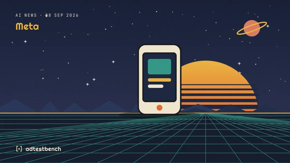 Retro-futurist illustration: a striped sunset over a grid horizon under a starry sky, with a smartphone showing an app standing on the horizon.