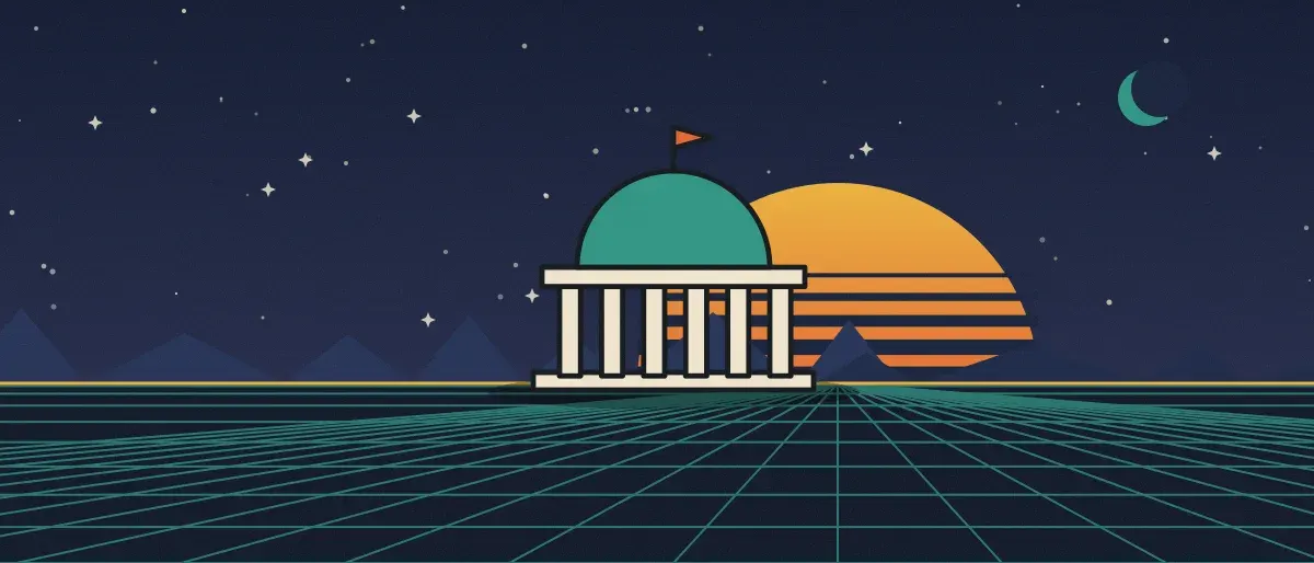 Ilustración retrofuturista: un atardecer a rayas sobre un horizonte de cuadrícula verde azulado bajo un cielo nocturno estrellado, con un edificio con cúpula y columnas en el horizonte.