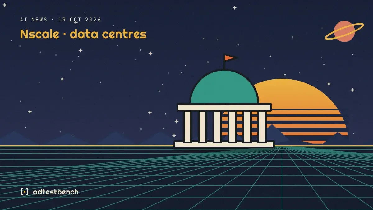Retro-futurist illustration: a striped sunset over a grid horizon under a starry sky, with a dome motif standing on the horizon.
