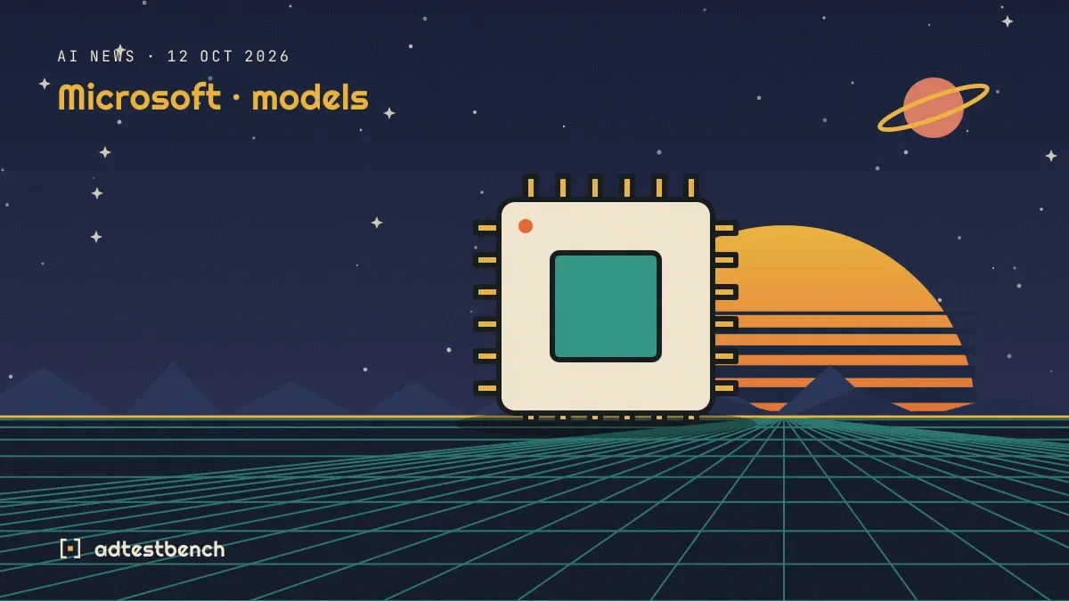 Retro-futurist illustration: a striped sunset over a grid horizon under a starry sky, with a microchip standing on the horizon.