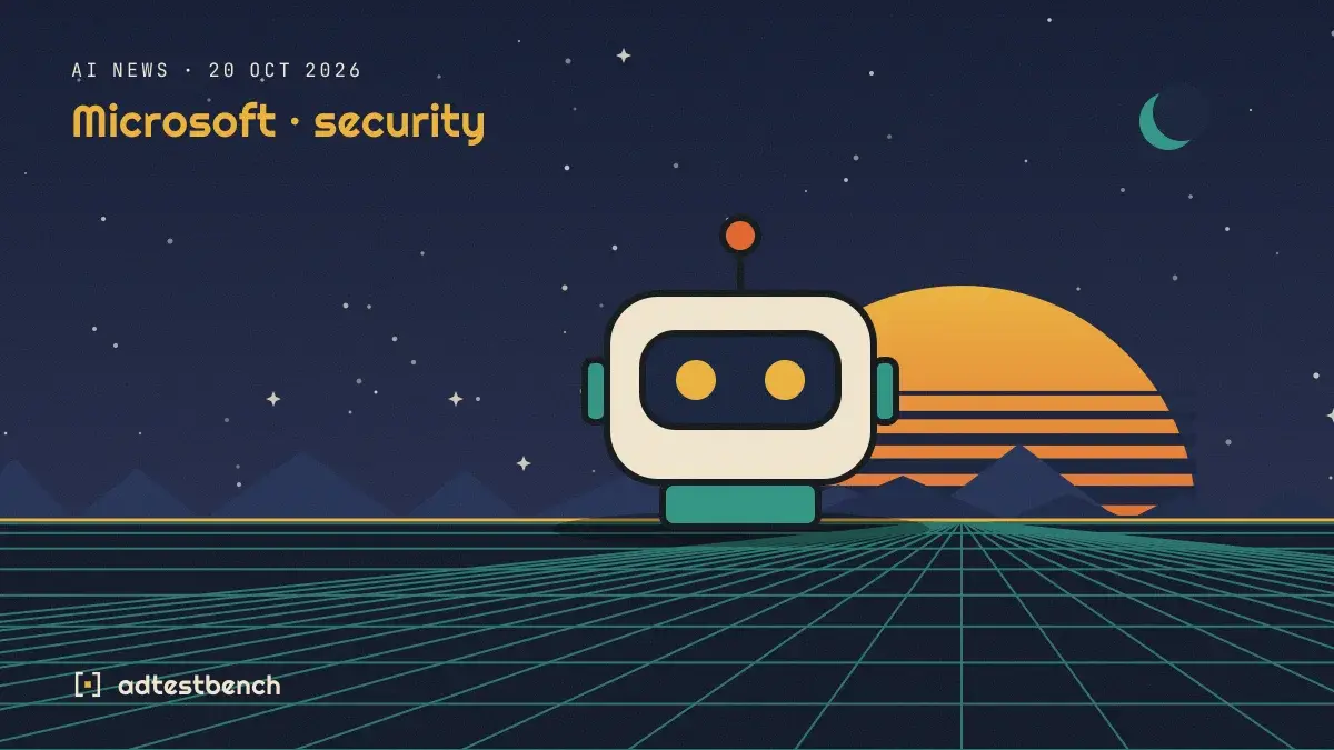 Retro-futurist illustration: a striped sunset over a grid horizon under a starry sky, with a robot motif standing on the horizon.