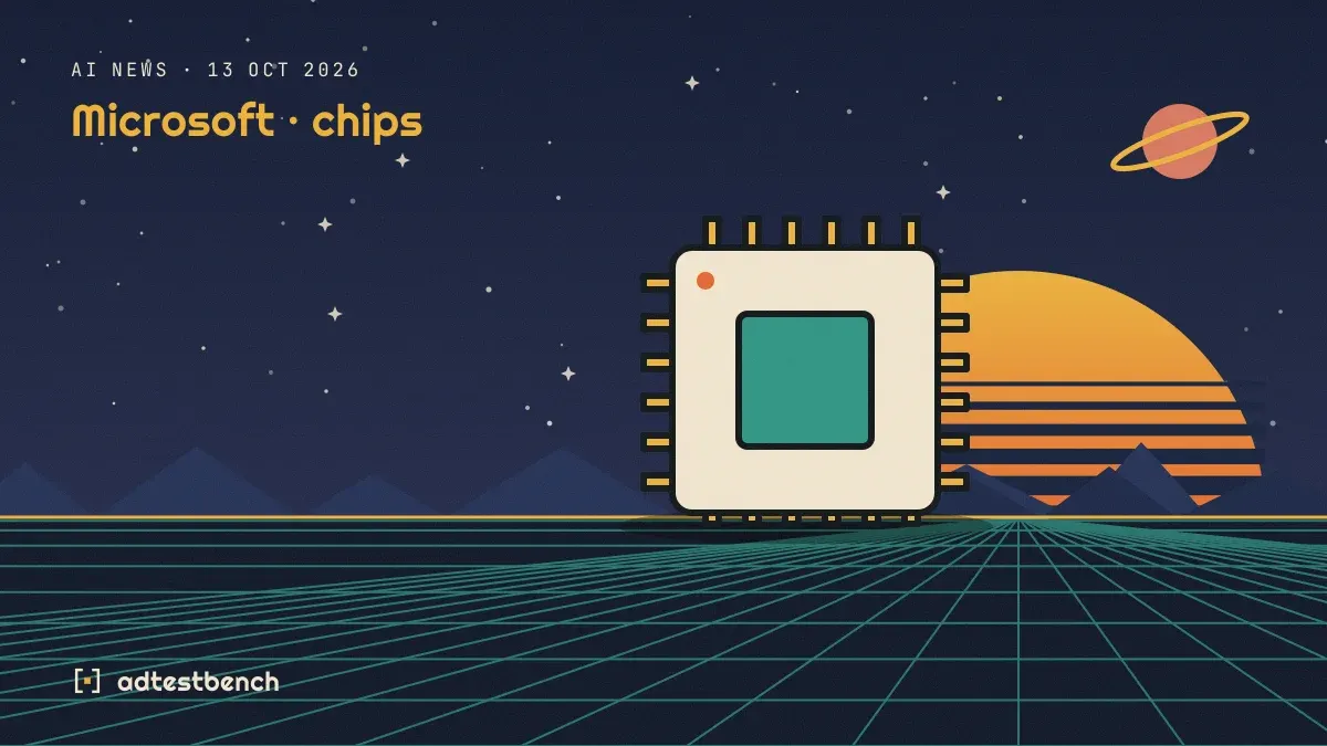 Retro-futurist illustration: a striped sunset over a grid horizon under a starry sky, with a chip motif standing on the horizon.