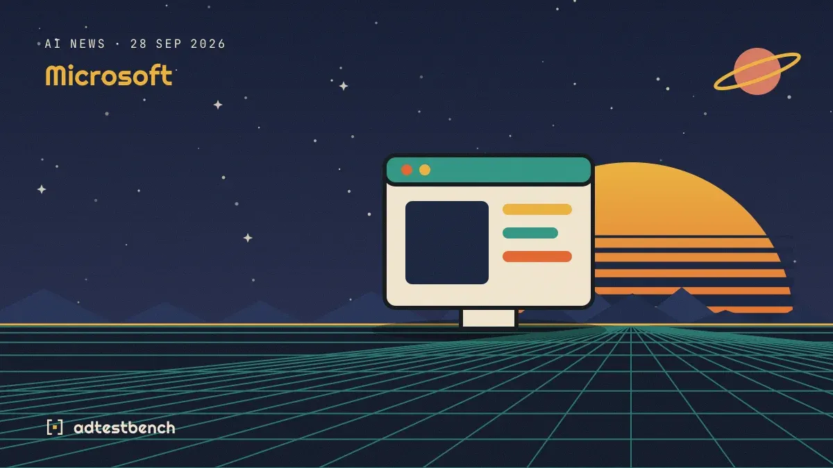 Retro-futurist illustration: a striped sunset over a grid horizon under a starry sky, with a software window standing on the horizon.