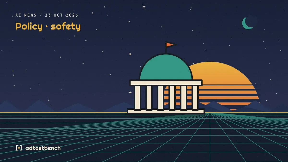 Retro-futurist illustration: a striped sunset over a grid horizon under a starry sky, with a dome motif standing on the horizon.