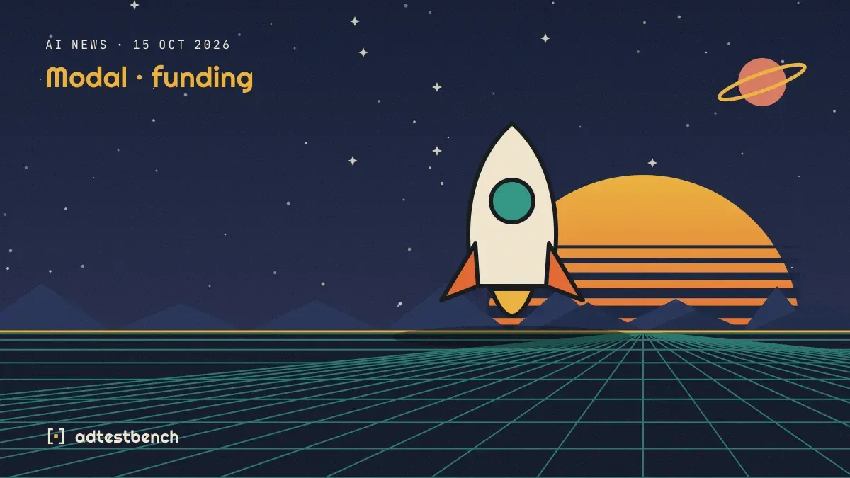 Retro-futurist illustration: a striped sunset over a grid horizon under a starry sky, with a rocket motif standing on the horizon.