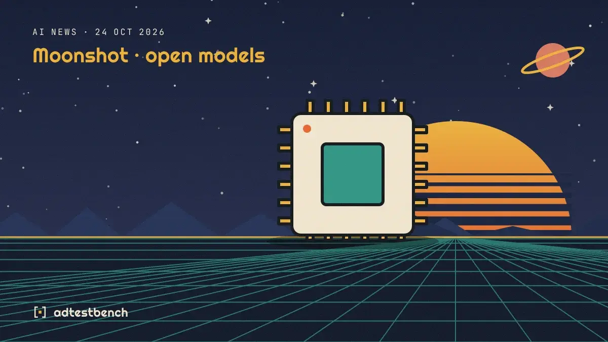 Retro-futurist illustration: a striped sunset over a grid horizon under a starry sky, with a microchip standing on the horizon.
