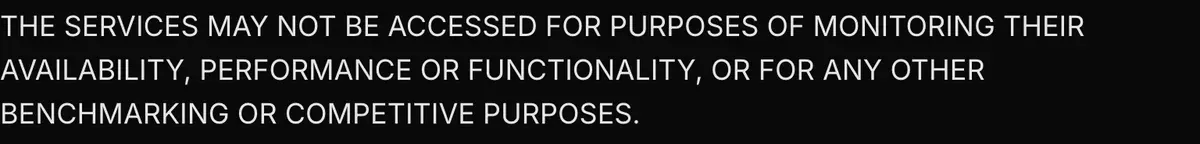 Motion's Terms of Service preamble: the services may not be accessed for purposes of monitoring their availability, performance or functionality, or for any other benchmarking or competitive purposes