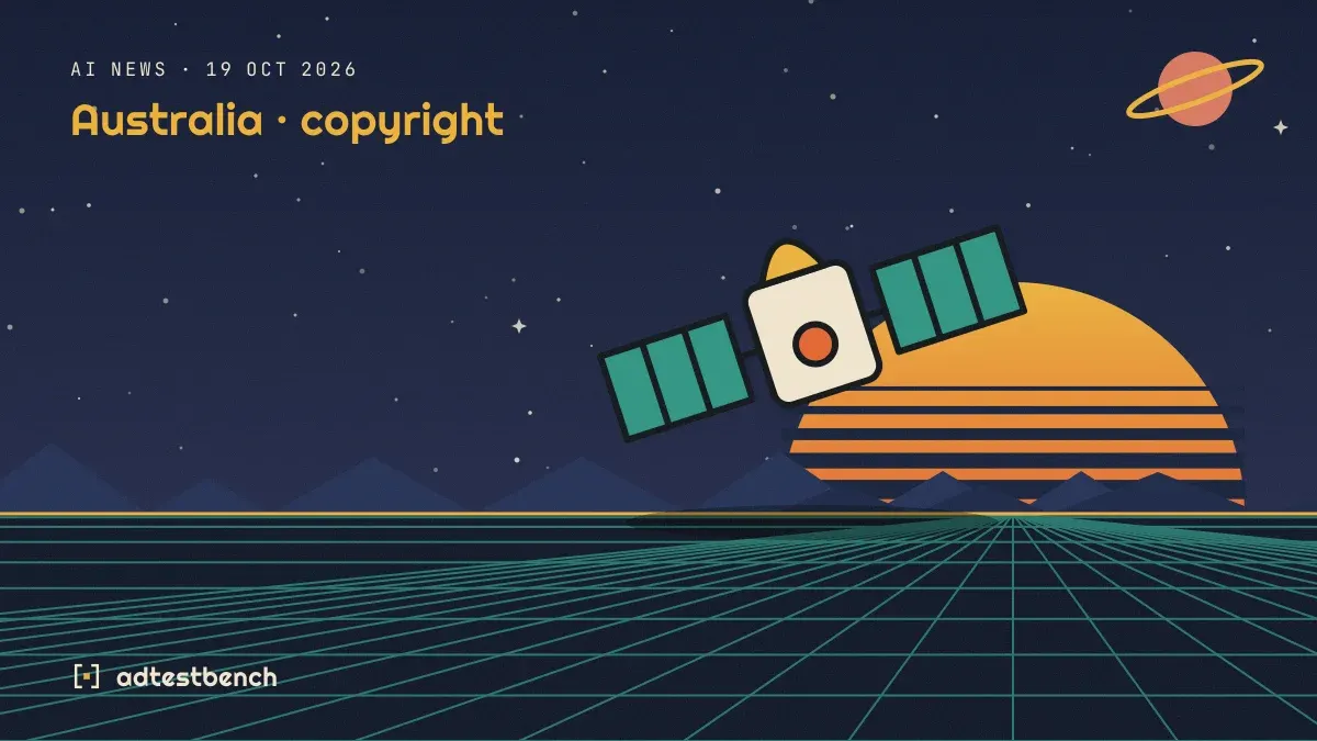 Retro-futurist illustration: a striped sunset over a grid horizon under a starry sky, with a satellite motif standing on the horizon.