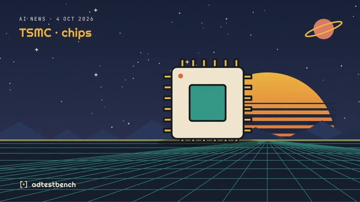 Retro-futurist illustration: a striped sunset over a grid horizon under a starry sky, with a microchip standing on the horizon.