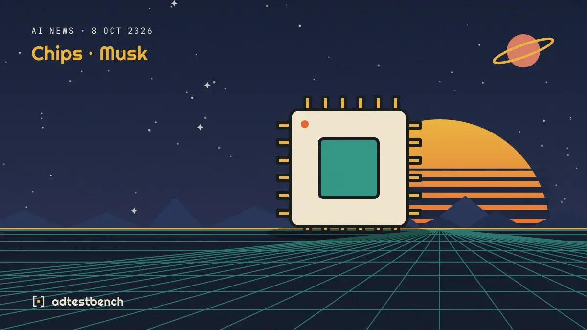 Retro-futurist illustration: a striped sunset over a grid horizon under a starry sky, with a microchip standing on the horizon.