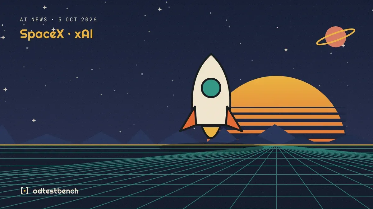 Retro-futurist illustration: a striped sunset over a grid horizon under a starry sky, with a rocket standing on the horizon.