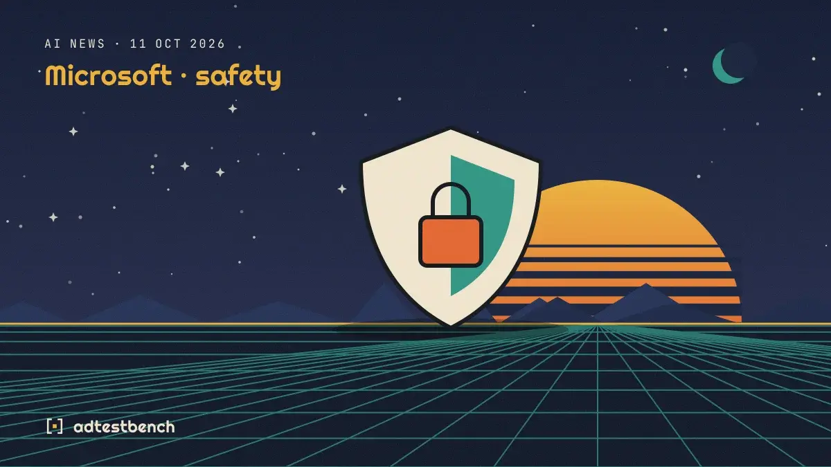 Retro-futurist illustration: a striped sunset over a grid horizon under a starry sky, with a security shield with a padlock standing on the horizon.
