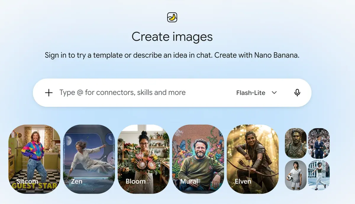 Pantalla Create images de Gemini: la línea Create with Nano Banana, un cuadro de prompt y una fila de plantillas de estilo