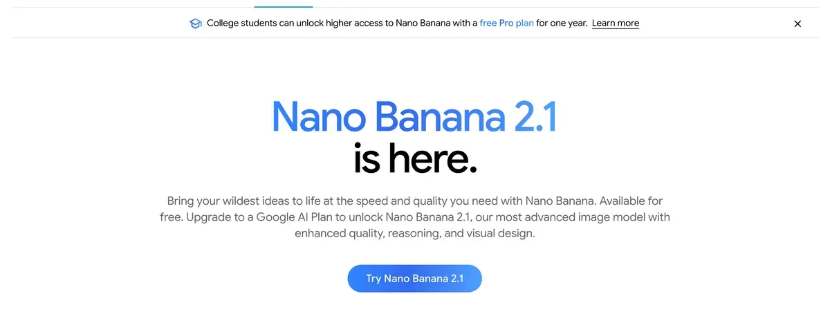 Página de generación de imágenes de Google Gemini que anuncia Nano Banana 2.1, disponible gratis con una mejora a un plan de Google AI para el modelo más avanzado