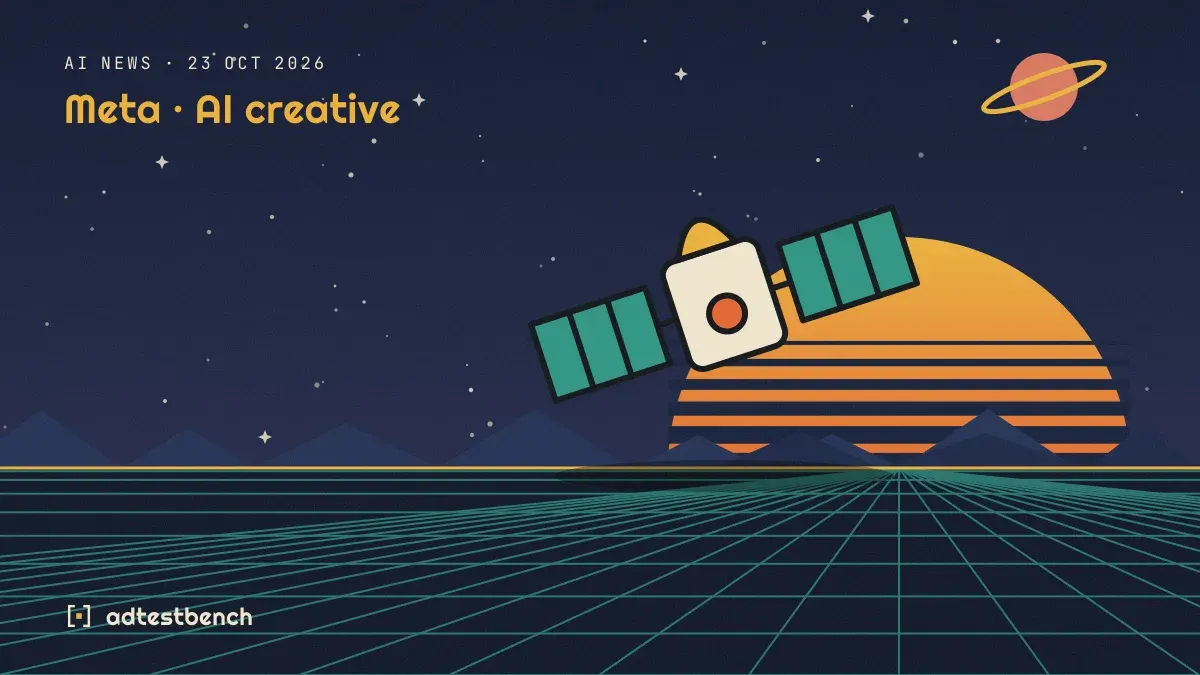 Retro-futurist illustration: a striped sunset over a grid horizon under a starry sky, with a satellite standing on the horizon.