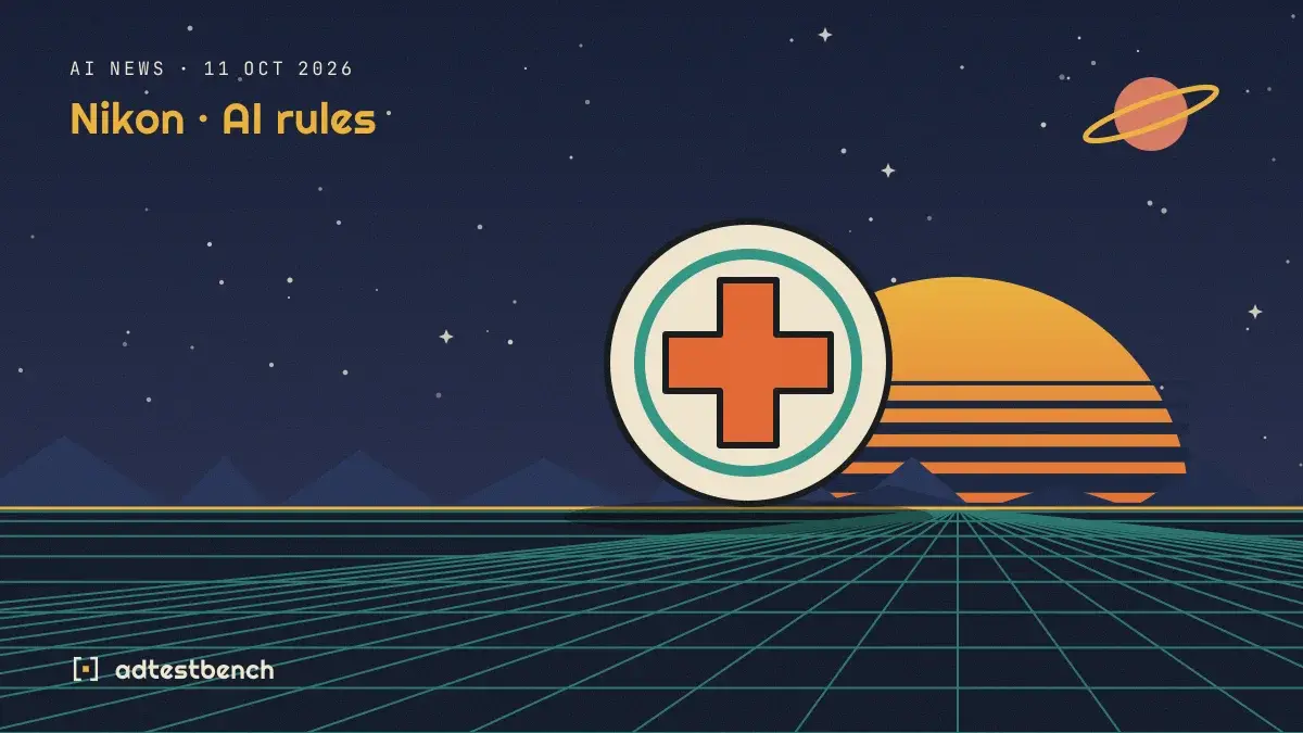 Retro-futurist illustration: a striped sunset over a grid horizon under a starry sky, with a medical cross badge standing on the horizon.