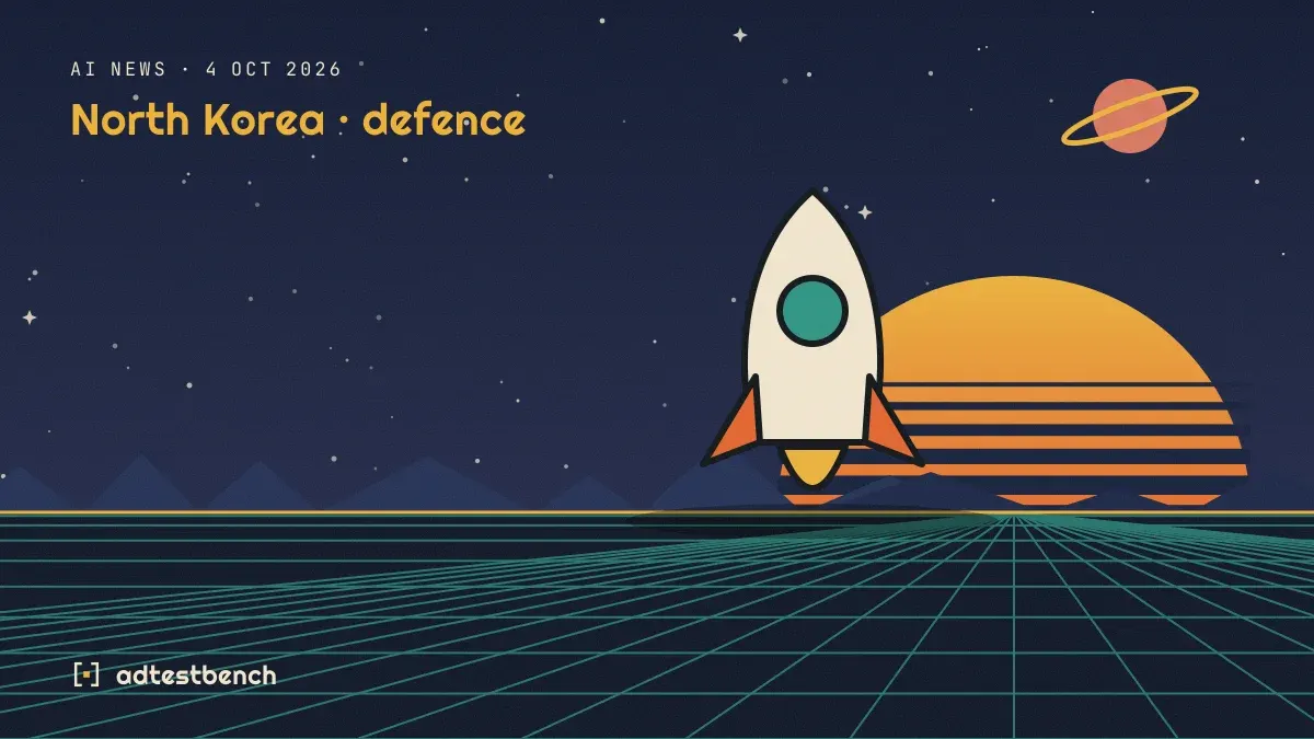 Retro-futurist illustration: a striped sunset over a grid horizon under a starry sky, with a rocket standing on the horizon.