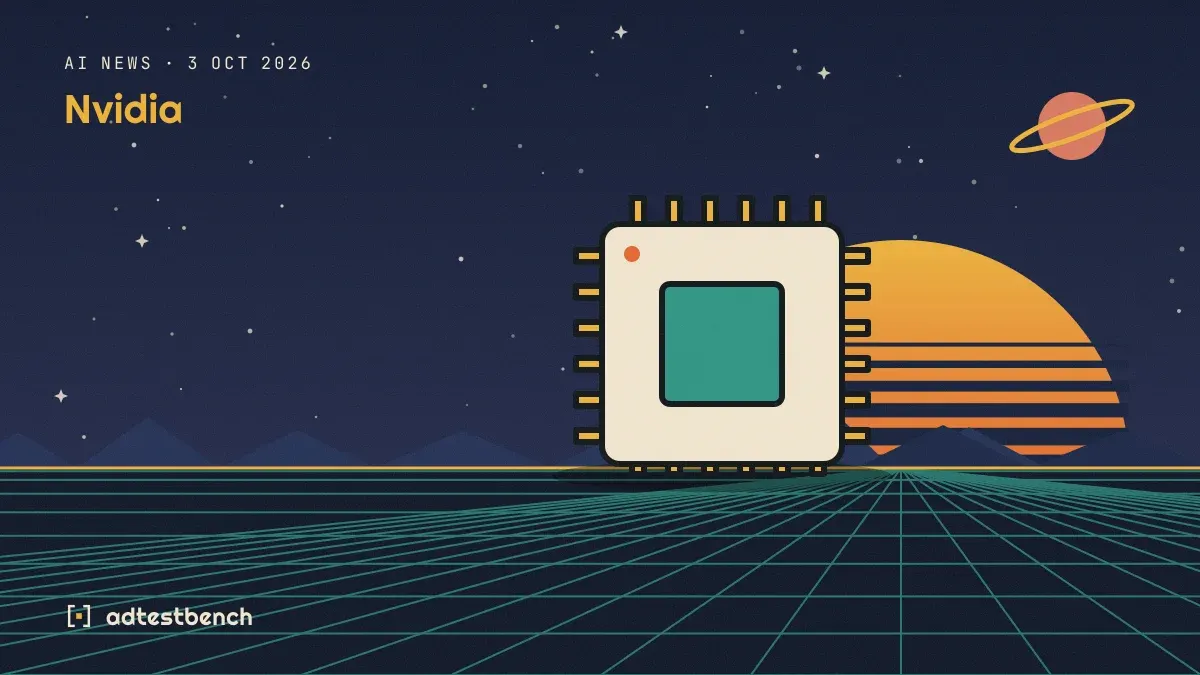 Retro-futurist illustration: a striped sunset over a grid horizon under a starry sky, with a microchip standing on the horizon.