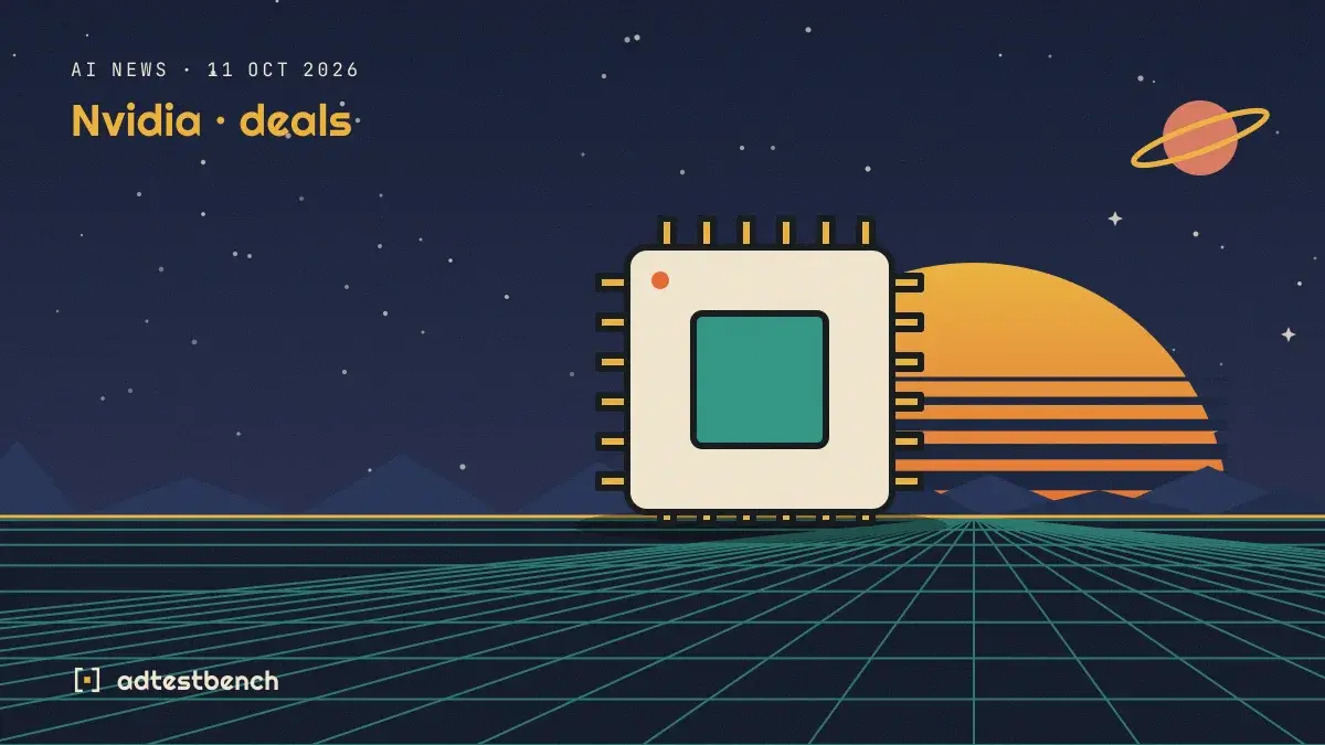Retro-futurist illustration: a striped sunset over a grid horizon under a starry sky, with a microchip standing on the horizon.