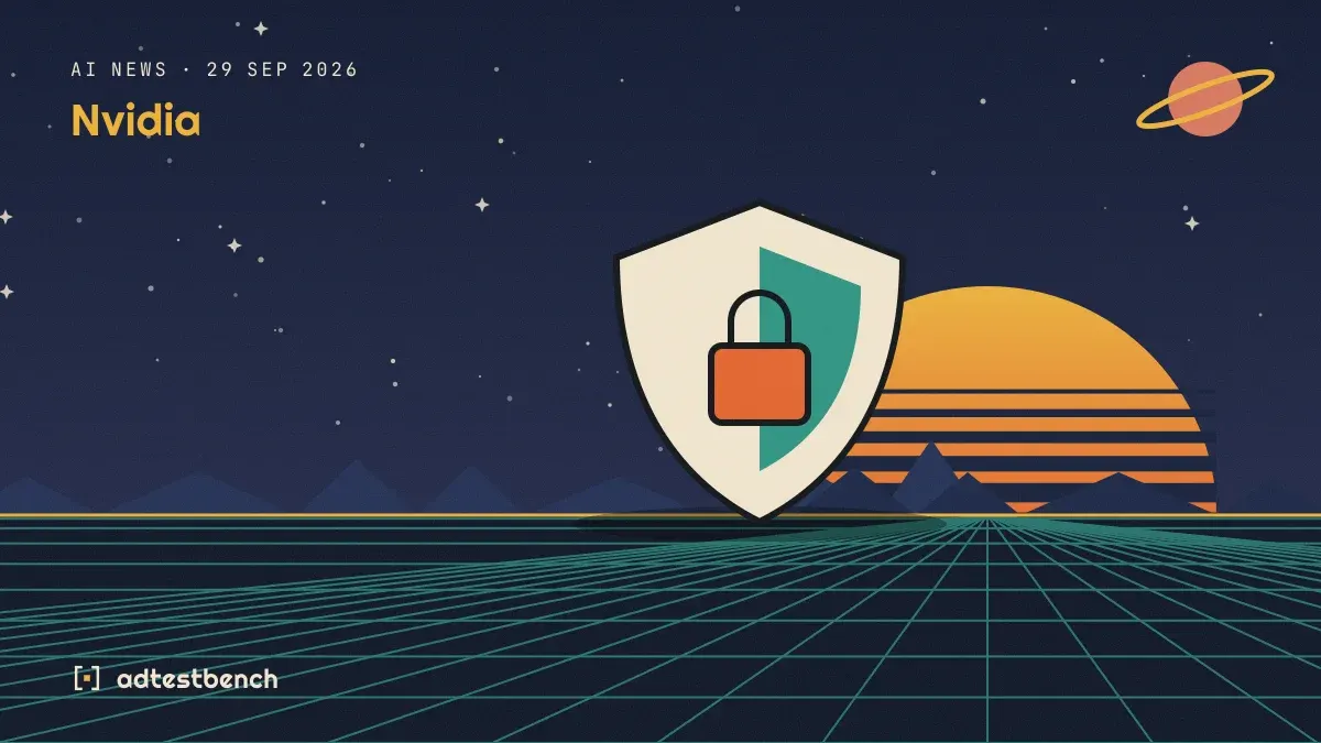 Retro-futurist illustration: a striped sunset over a grid horizon under a starry sky, with a security shield with a padlock standing on the horizon.