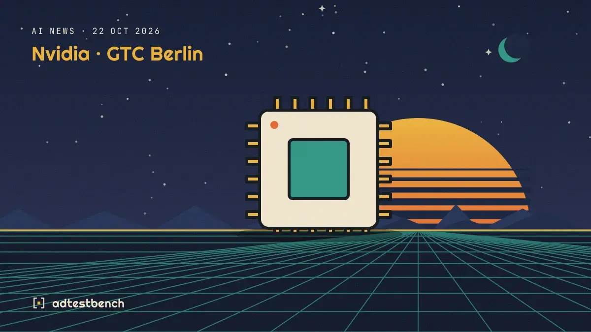 Retro-futurist illustration: a striped sunset over a grid horizon under a starry sky, with a microchip standing on the horizon.