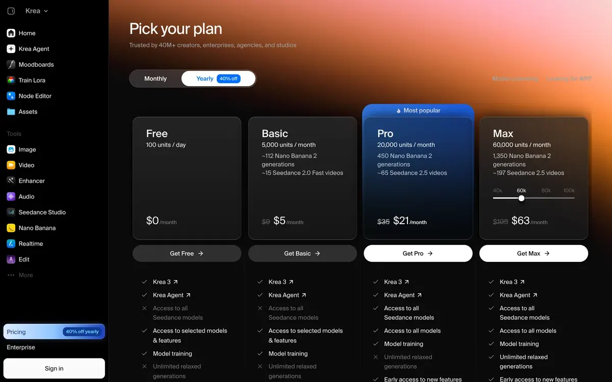 Krea pricing page, captured 2026-10-24