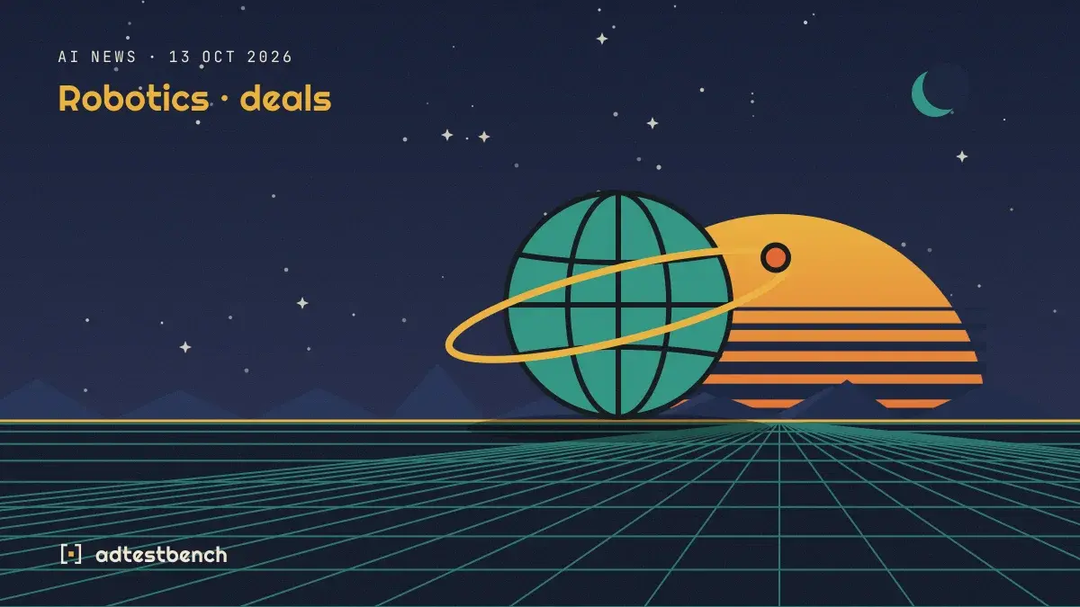 Retro-futurist illustration: a striped sunset over a grid horizon under a starry sky, with a globe motif standing on the horizon.