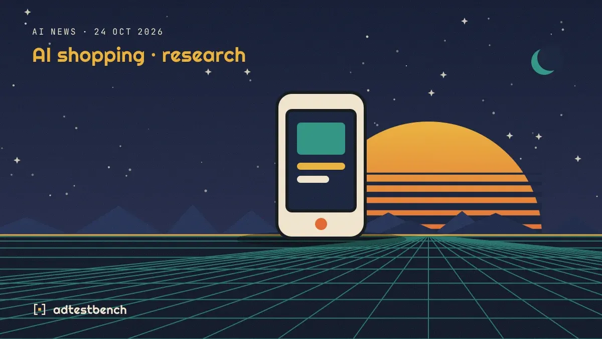 Retro-futurist illustration: a striped sunset over a grid horizon under a starry sky, with a smartphone showing an app standing on the horizon.