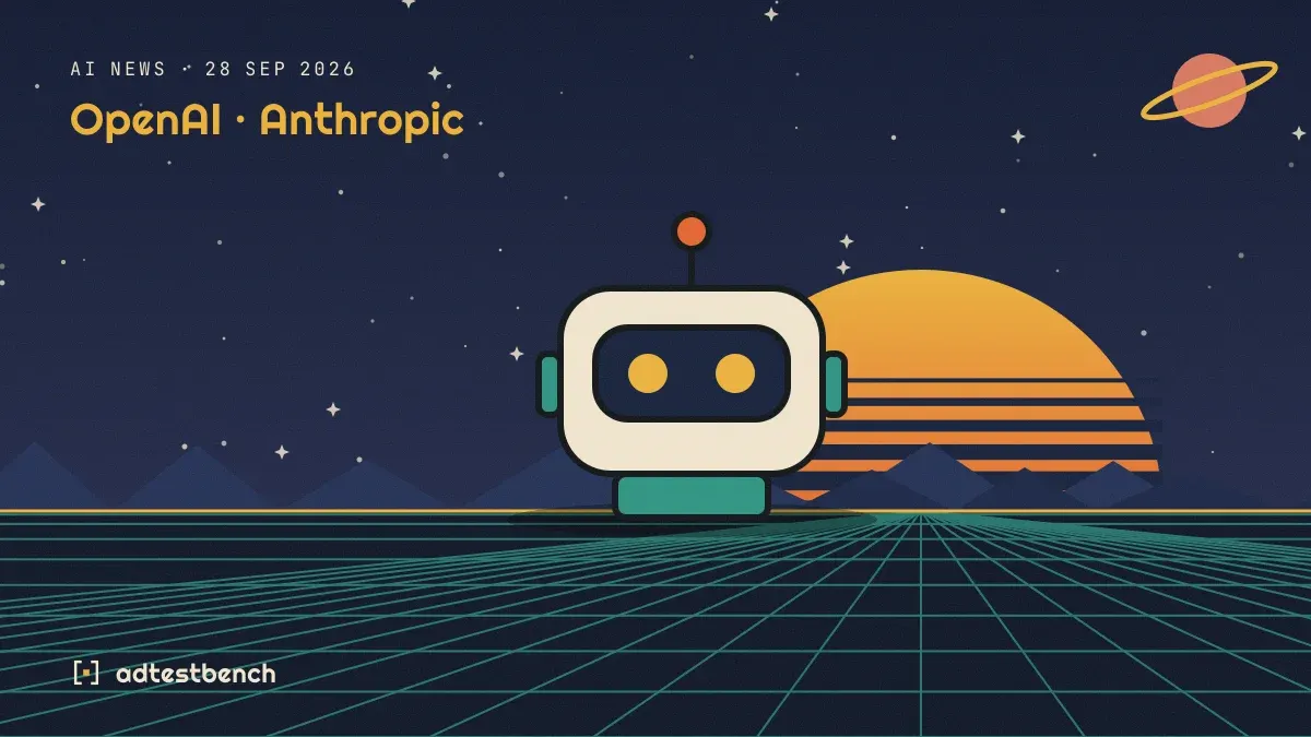 Retro-futurist illustration: a striped sunset over a grid horizon under a starry sky, with a robot head standing on the horizon.