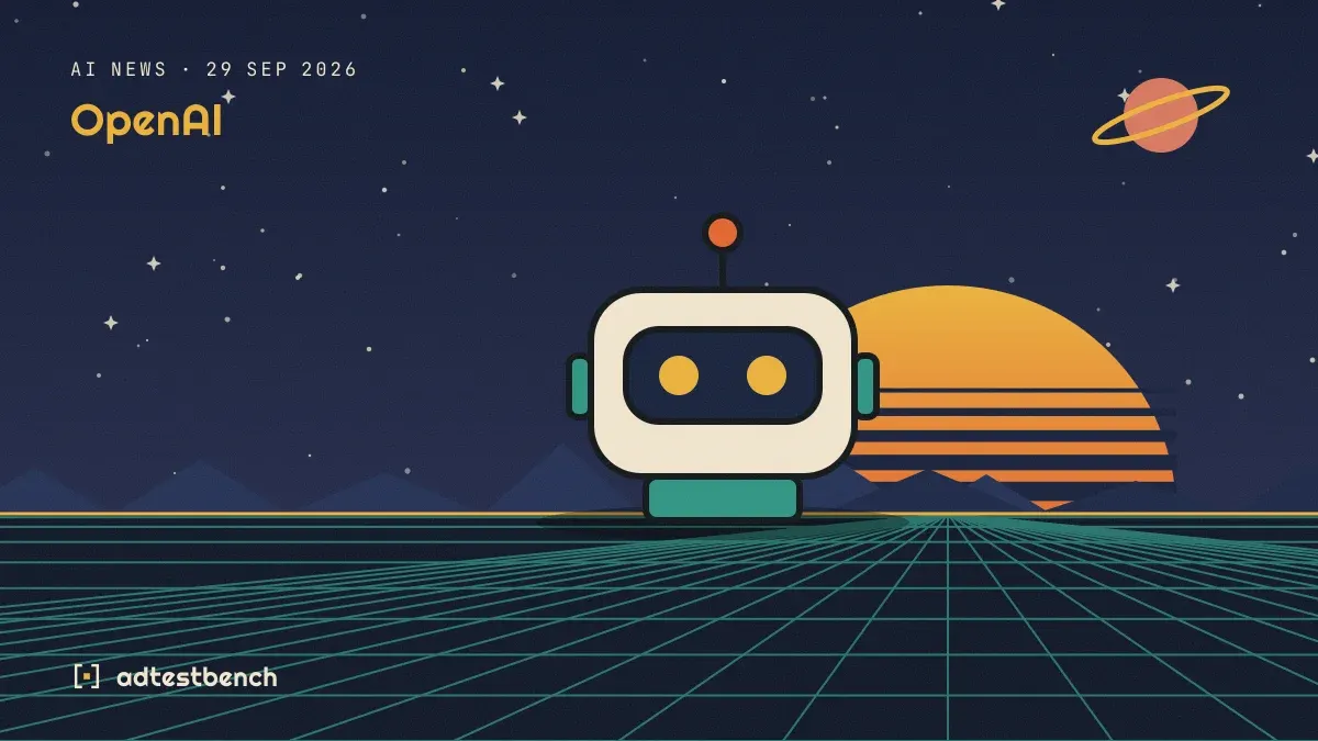 Retro-futurist illustration: a striped sunset over a grid horizon under a starry sky, with a robot head standing on the horizon.