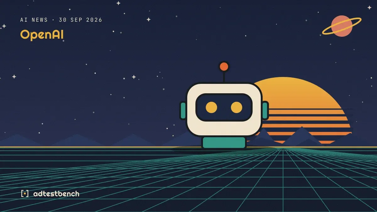 Retro-futurist illustration: a striped sunset over a grid horizon under a starry sky, with a robot standing on the horizon.