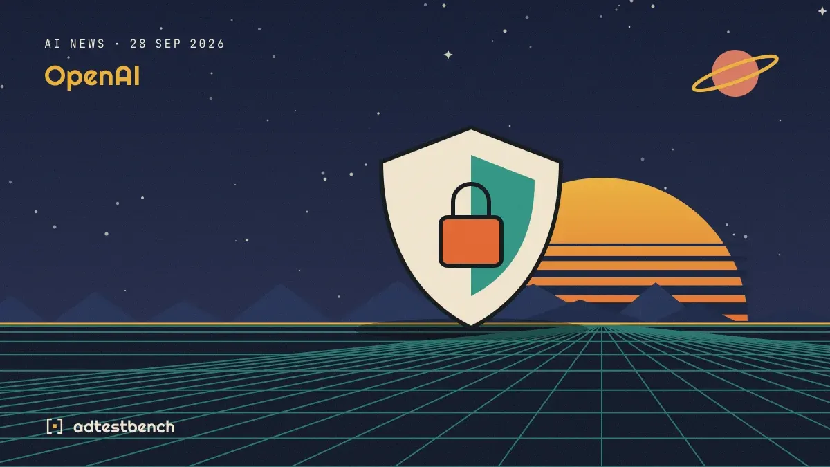 Retro-futurist illustration: a striped sunset over a grid horizon under a starry sky, with a security shield with a padlock standing on the horizon.