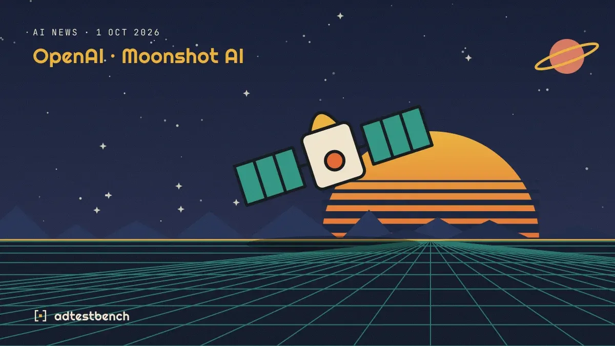 Retro-futurist illustration: a striped sunset over a grid horizon under a starry sky, with a satellite standing on the horizon.