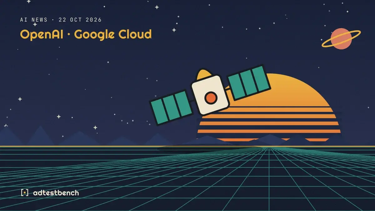 Retro-futurist illustration: a striped sunset over a grid horizon under a starry sky, with a satellite standing on the horizon.