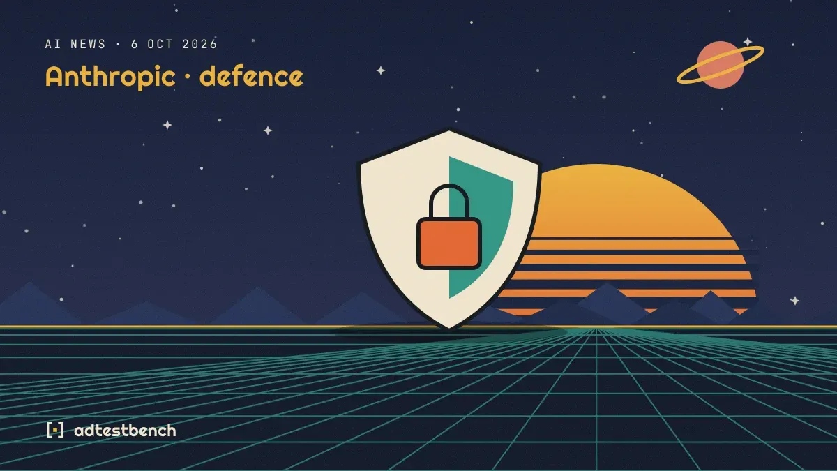Retro-futurist illustration: a striped sunset over a grid horizon under a starry sky, with a shield standing on the horizon.