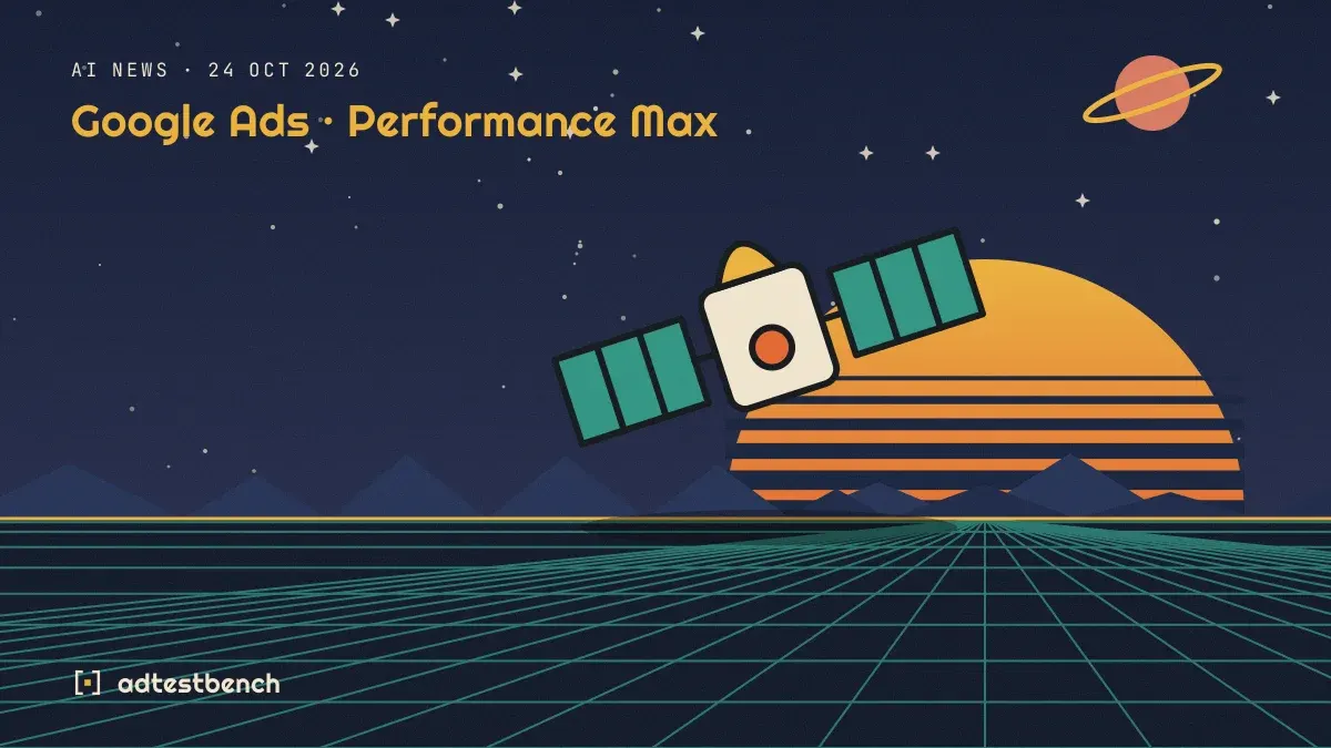 Retro-futurist illustration: a striped sunset over a grid horizon under a starry sky, with a satellite standing on the horizon.