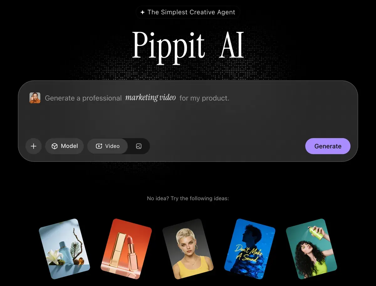 Pippit's home page: a prompt box to generate a marketing video for a product, with model, video and image options and a Generate button, above sample product visuals