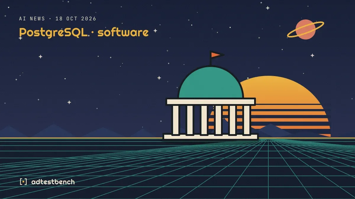 Retro-futurist illustration: a striped sunset over a grid horizon under a starry sky, with a dome motif standing on the horizon.