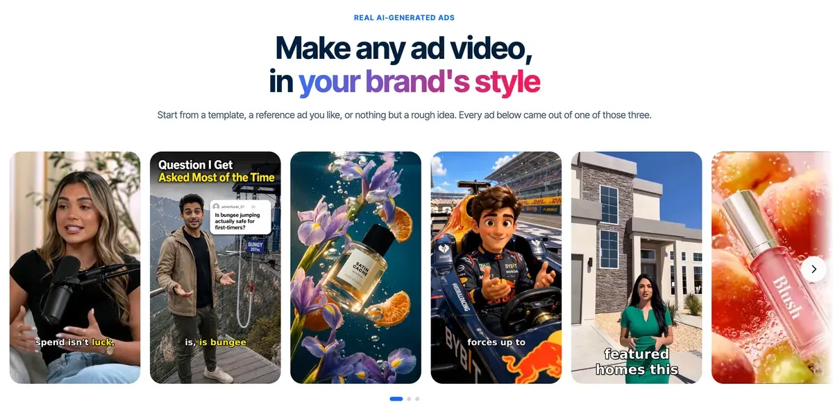 Predis.ai's home page section Real AI-generated ads: Make any ad video in your brand's style, from a template, a reference ad or a rough idea, above a row of vertical ad examples with captions, a perfume bottle and a lip gloss