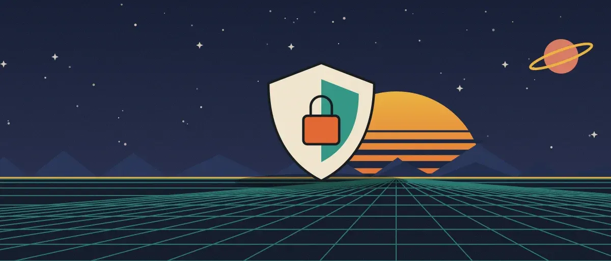 Retro-futurist illustration: a striped sunset over a teal grid horizon under a starry night sky, with a shield with a padlock standing on the horizon.