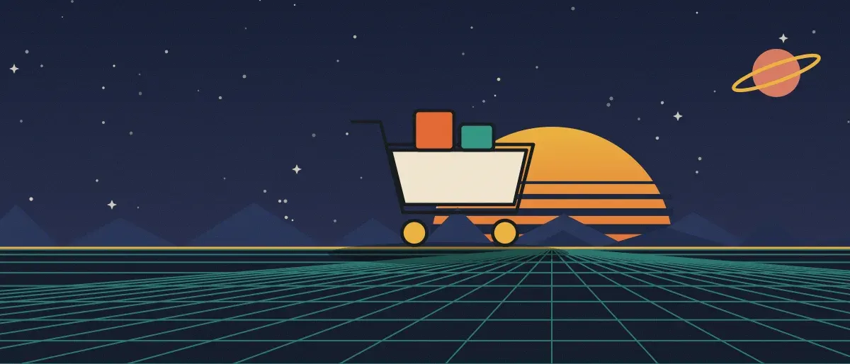 Ilustración retrofuturista: un atardecer a rayas sobre un horizonte de cuadrícula verde azulado bajo un cielo nocturno estrellado, con un carrito de compras en el horizonte.